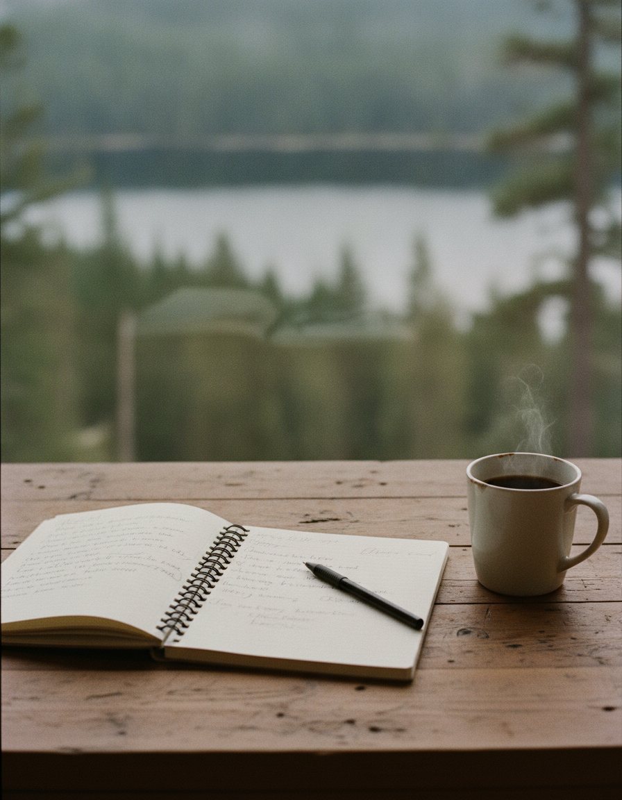 A notebook and coffee on a wooden table overlooking a misty lake