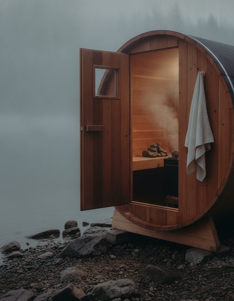 A cedar sauna on the lakeshore at dawn
