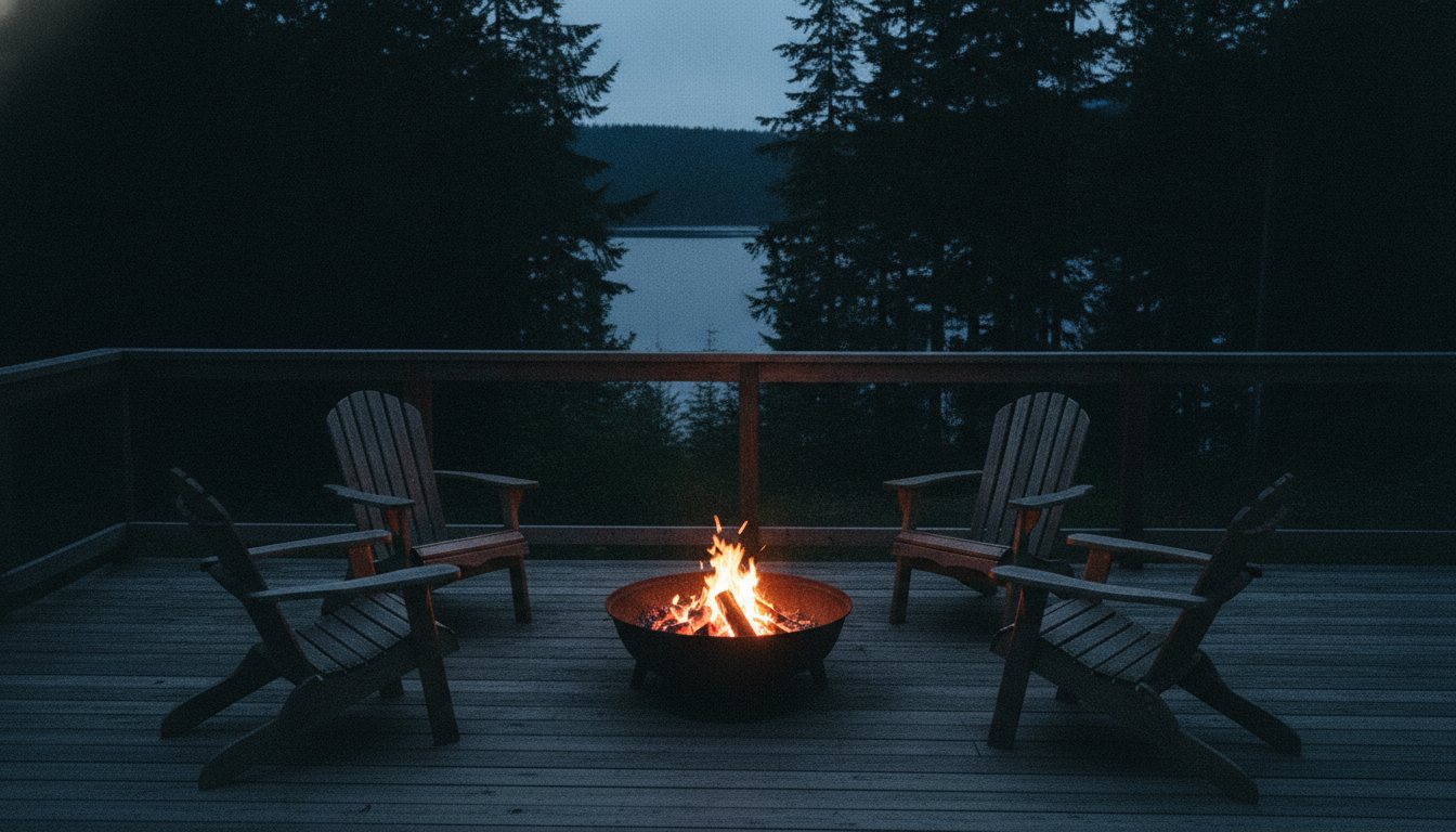 A fire pit on a lakeside deck at night